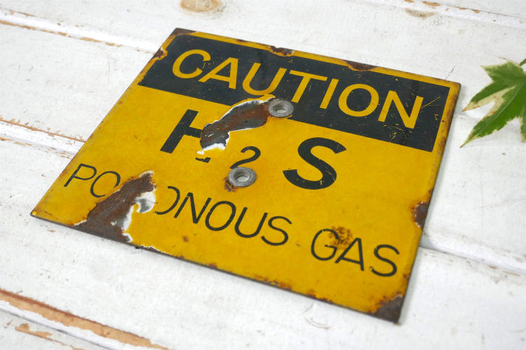 CAUTION H2S 警告 危険 イエロー×ブラック インダストリアル ヴィンテージ ホーロー サイン 看板 USA