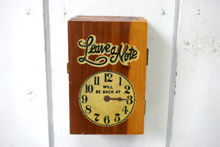 1960y Leave a Note カリフォルニア スーベニア品 Will Be Back 〜時に戻ります 時計 木製 ヴィンテージ クロックサイン メモボックス USA