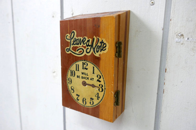 1960y Leave a Note カリフォルニア スーベニア品 Will Be Back 〜時に戻ります 時計 木製 ヴィンテージ クロックサイン メモボックス USA