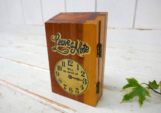 1960y Leave a Note カリフォルニア スーベニア品 Will Be Back 〜時に戻ります 時計 木製 ヴィンテージ クロックサイン メモボックス USA