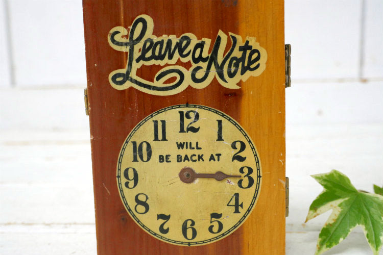 1960y Leave a Note カリフォルニア スーベニア品 Will Be Back 〜時に戻ります 時計 木製 ヴィンテージ クロックサイン メモボックス USA