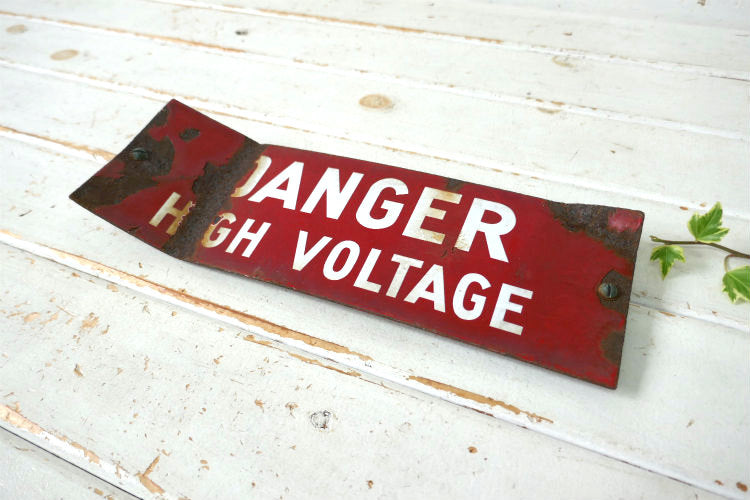 DANGER HIGH VOLTAGE 危険 高電圧 ホーロー製 ヴィンテージ サインプレート 看板 USA