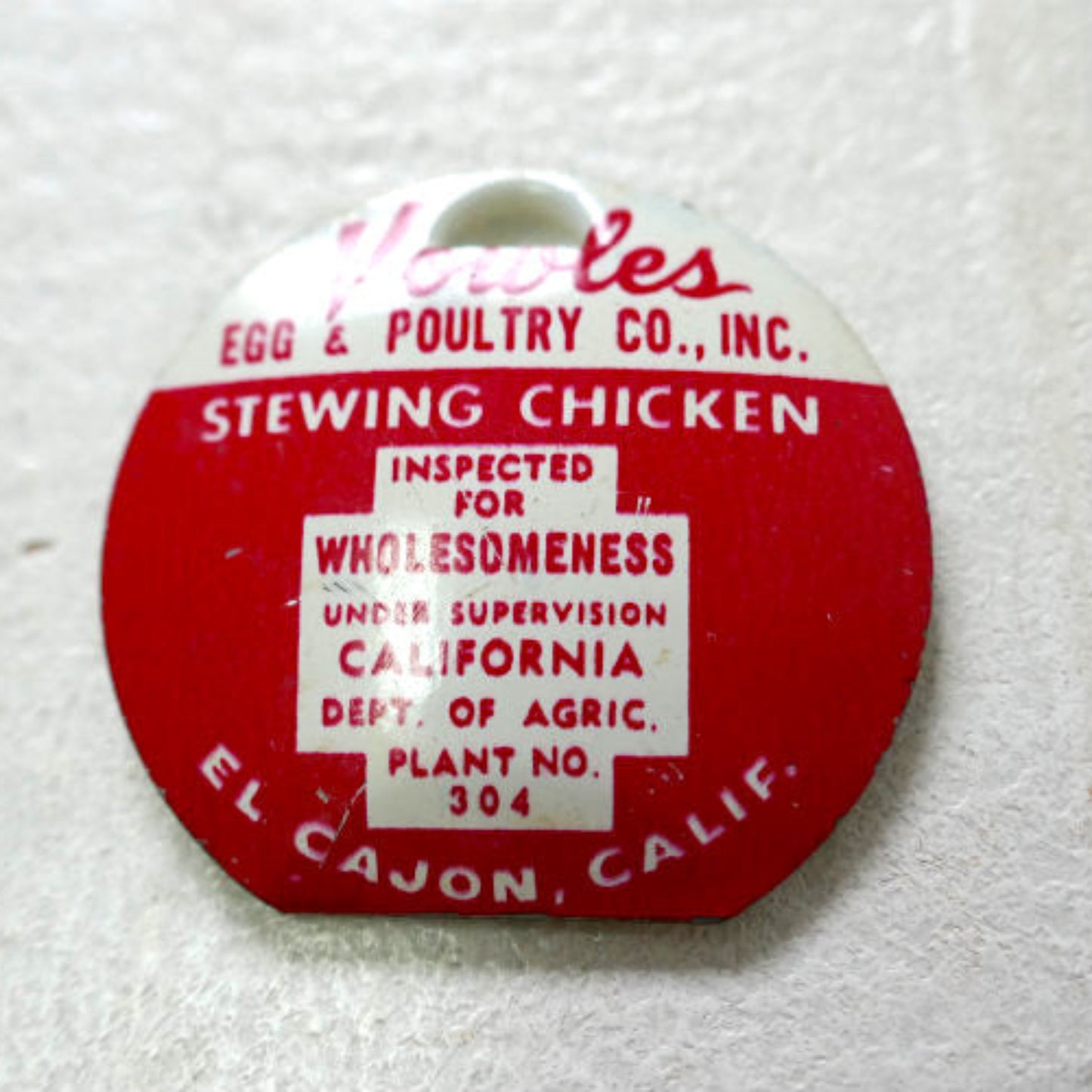 1940~1950y EL CAJON CALIF カリフォルニア Vowles Egg&Poultry 親鶏 CHICKEN アドバタイジング 農務局検査証 ヴィンテージ 缶バッジ USA