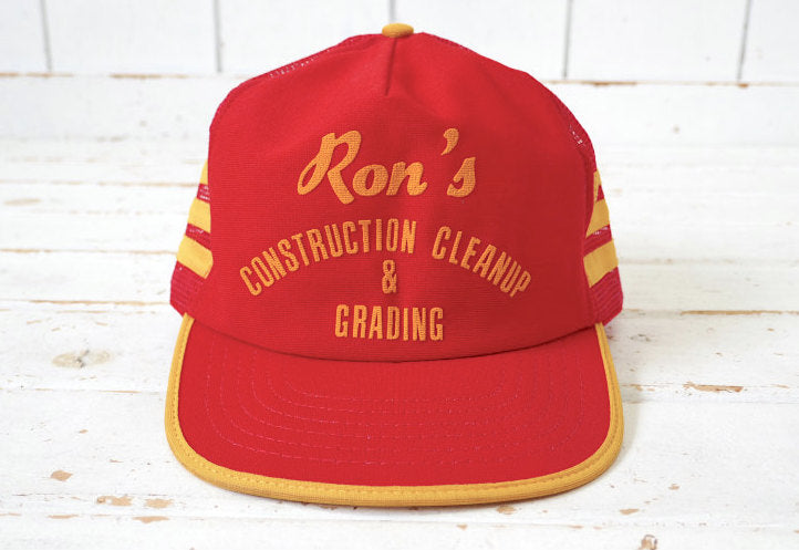 Ron's CONSTRUCTION CLEANUP & GRANDING レッド×イエロー 1980y ビンテージ  スリーストライプ メッシュキャップ トラッカーハット 古着 USA