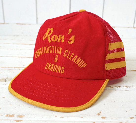 Ron's CONSTRUCTION CLEANUP & GRANDING レッド×イエロー 1980y ビンテージ  スリーストライプ メッシュキャップ トラッカーハット 古着 USA