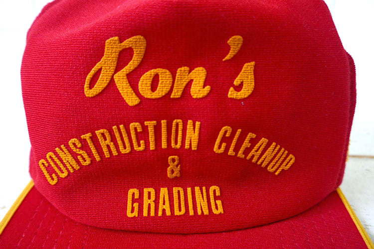 Ron's CONSTRUCTION CLEANUP & GRANDING レッド×イエロー 1980y ビンテージ  スリーストライプ メッシュキャップ トラッカーハット 古着 USA