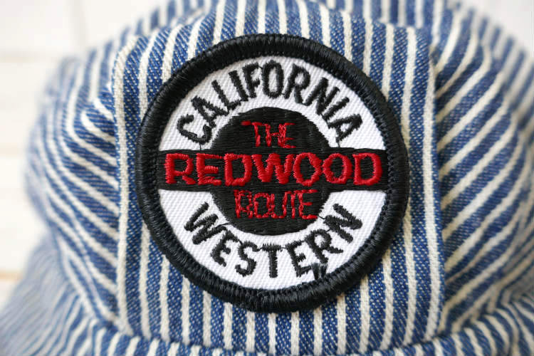 1970y California Western The Redwood Route 鉄道員 ヒッコリー ストライプ ビンテージ ワークキャップ エンジニアキャップ 帽子 USA