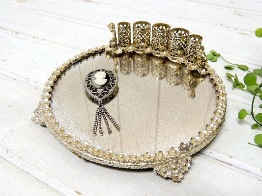 花柄&天使 モチーフ リップスタンド付き・アンティーク・ミラートレイ・店内装飾 鏡 USA