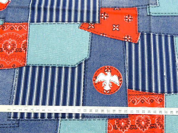 デニム×バンダナ・パッチワーク柄・デッドストック・ヴィンテージ・ファブリック・生地・テキスタイル