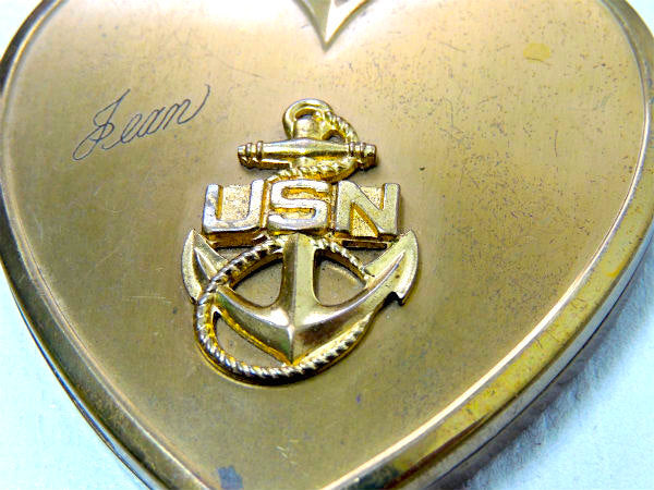 US NAVY アメリカ海軍・真鍮製・ハート型・アンティーク・ミリタリー・コンパクトミラー 鏡