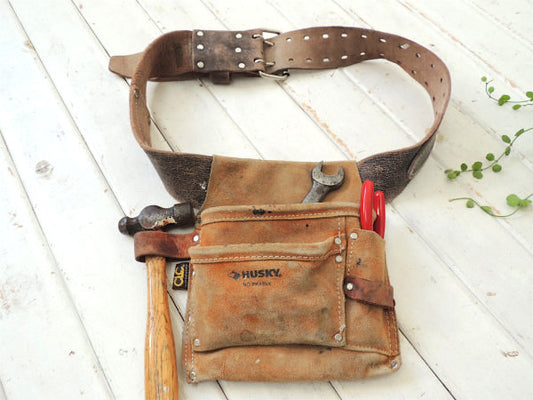 HUSKY レザー×スエード製・ベルト付き・ヴィンテージ・ツールエプロン 工具 エプロン DIY