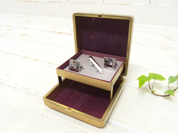 【1950y~ゴールド色】2段式・ヴィンテージ・タイピン&カフスケース/ジュエリーケース/宝石箱