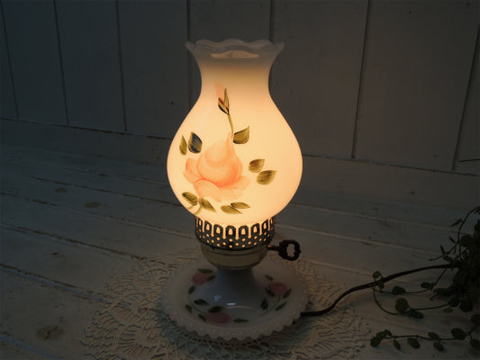 ミルクガラス・ハンドペイント・花柄・アンティーク・テーブルランプ・デスクランプ・照明 USA