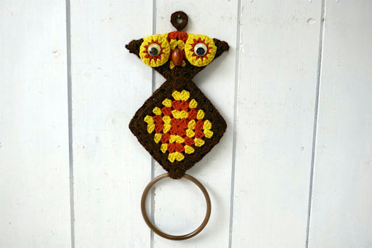 フクロウ かぎ針編み レトロ 70's ヴィンテージ タオルリング タオルハンガー ハンドメイド