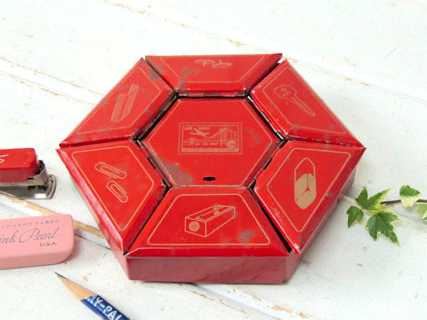 ステーショナリー レッドカラー ビンテージ 卓上 オーガナイザー 小物入れ ティン製