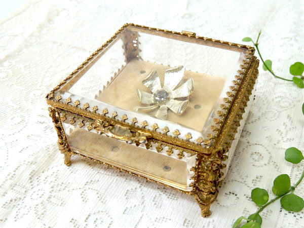 【スイス製】全面・ベベルガラス・猫脚・アンティーク・ジュエリーボックス/宝石箱/アクセサリーケース