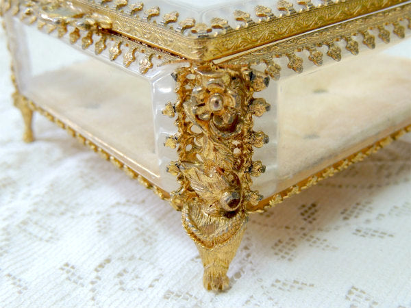 【スイス製】全面・ベベルガラス・猫脚・アンティーク・ジュエリーボックス/宝石箱/アクセサリーケース