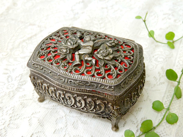 【エンジェル&薔薇】ピューター製・猫脚・アンティーク・ジュエリーケース/宝石箱/里帰り品
