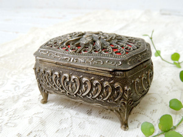 【エンジェル&薔薇】ピューター製・猫脚・アンティーク・ジュエリーケース/宝石箱/里帰り品