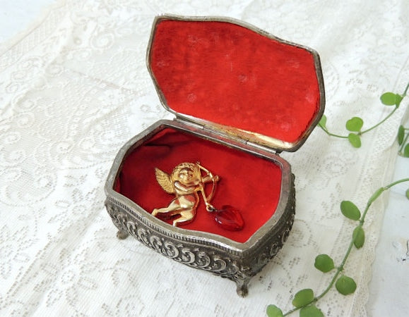 【エンジェル&薔薇】ピューター製・猫脚・アンティーク・ジュエリーケース/宝石箱/里帰り品