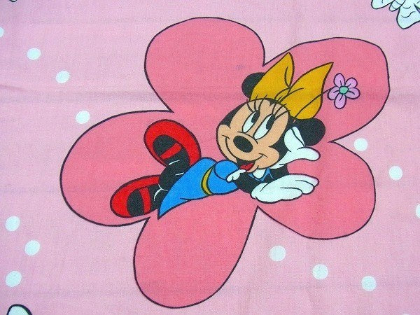 【ミニーマウス】ディズニー・フラワー&蝶々柄・ヴィンテージ・USEDフラットシーツ(1/2) USA