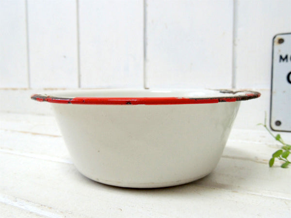 ホワイト×レッド シャビー ホーロー製 アンティーク ボウル 琺瑯 ホーローボウル USA
