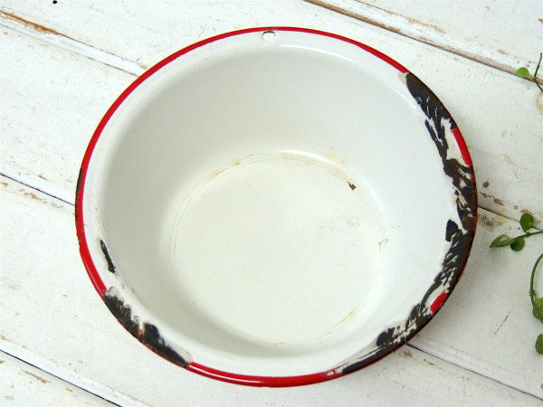 ホワイト×レッド シャビー ホーロー製 アンティーク ボウル 琺瑯 ホーローボウル USA