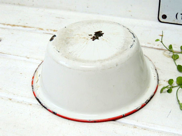 ホワイト×レッド シャビー ホーロー製 アンティーク ボウル 琺瑯 ホーローボウル USA