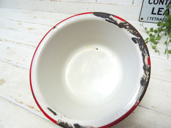 ホワイト×レッド シャビー ホーロー製 アンティーク ボウル 琺瑯 ホーローボウル USA