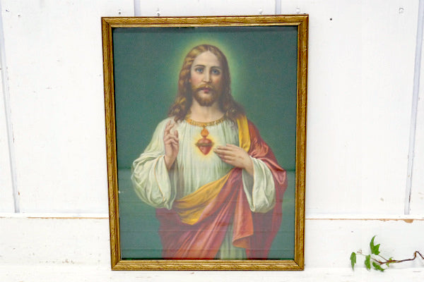 イエスの聖心 イエス キリスト・ゴールド・木製フレーム・アンティーク・リトグラフ・絵・聖品 USA