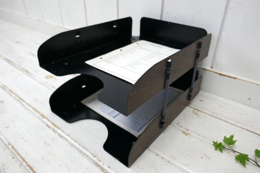 ミッドセンチュリー ウッド柄 メタル製 2段 ヴィンテージ 書類トレイ デスクトレイ ペーパートレイ