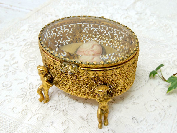 4人の天使・ベベルガラス・ゴールドトーン・アンティーク・ジュエリーボックス・ジュエリーケース・宝石箱