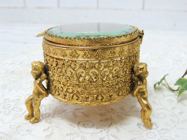 4人の天使・ベベルガラス・ゴールドトーン・アンティーク・ジュエリーボックス・ジュエリーケース・宝石箱