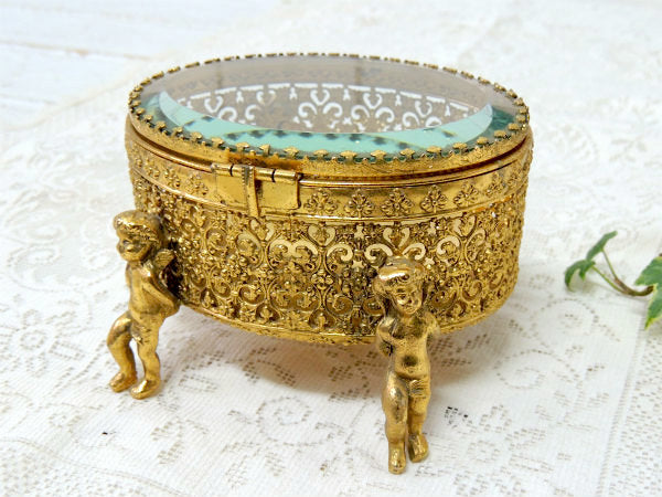 4人の天使・ベベルガラス・ゴールドトーン・アンティーク・ジュエリーボックス・ジュエリーケース・宝石箱