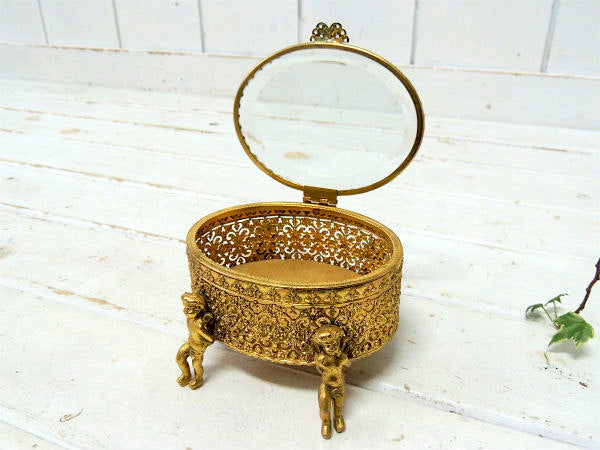 4人の天使・ベベルガラス・ゴールドトーン・アンティーク・ジュエリーボックス・ジュエリーケース・宝石箱
