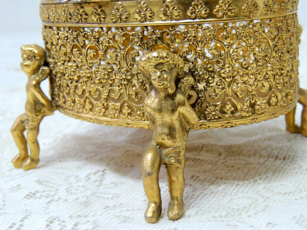 4人の天使・ベベルガラス・ゴールドトーン・アンティーク・ジュエリーボックス・ジュエリーケース・宝石箱