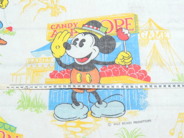 【ミッキー&フレンズ】OLDミッキー・お祭り柄・70'sヴィンテージ・ユーズドシーツ(フラット)