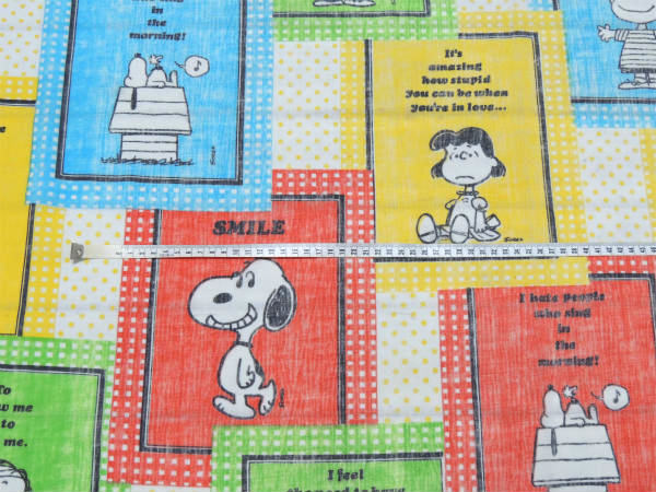 【スマイル・スヌーピー】ピーナッツの仲間・パネル柄・70'ヴィンテージ・ユーズドシーツ(フラット)