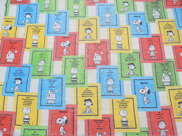 【スマイル・スヌーピー】ピーナッツの仲間・パネル柄・70'ヴィンテージ・ユーズドシーツ(フラット)