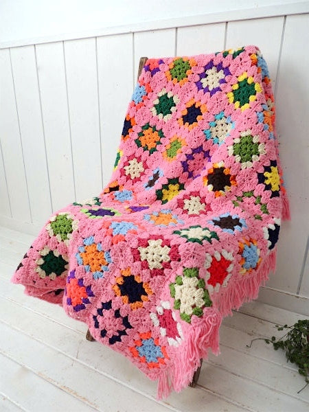 カラフルポップ・ハンドメイド・モチーフ編み・ヴィンテージ・ニットブランケット・グラニーブランケット