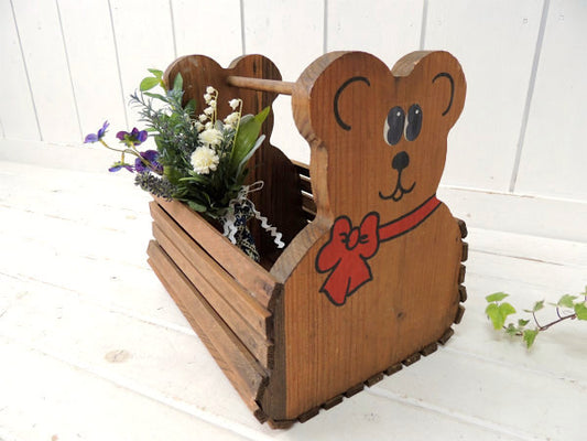 テディベア&クマ型・木製・ヴィンテージ・バスケット ウッドバスケット おもちゃ箱 USA