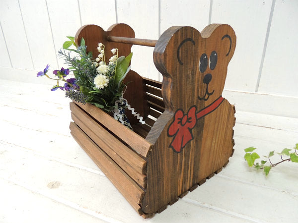 テディベア&クマ型・木製・ヴィンテージ・バスケット ウッドバスケット おもちゃ箱 USA