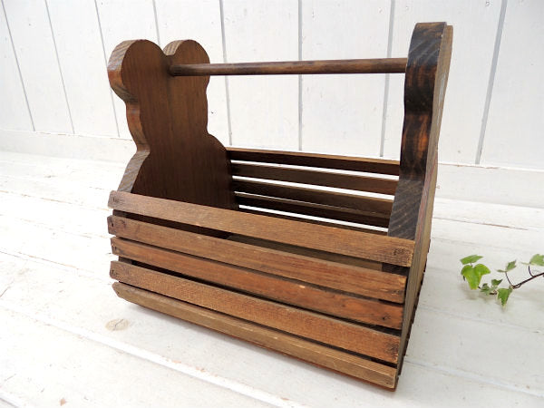 テディベア&クマ型・木製・ヴィンテージ・バスケット ウッドバスケット おもちゃ箱 USA