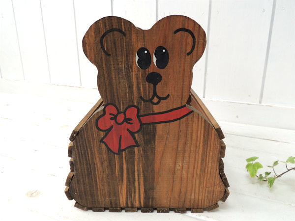 テディベア&クマ型・木製・ヴィンテージ・バスケット ウッドバスケット おもちゃ箱 USA