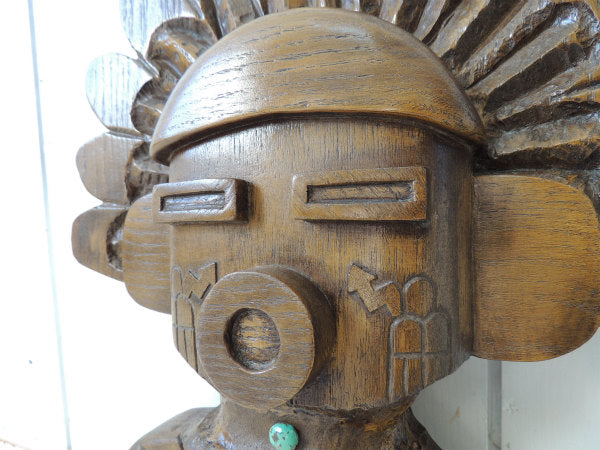 サンフェイス インディアン・ターコイズ付き・ウッド柄・US ヴィンテージ・壁飾り ウォールデコ