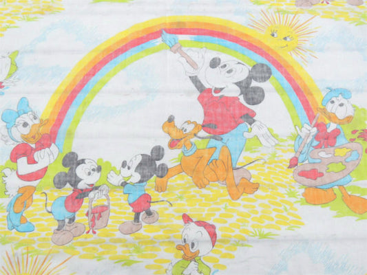 【ミッキー&フレンズ】レインボー柄・ヴィンテージ・ユーズドシーツ(フラットタイプ)ダメージ有り