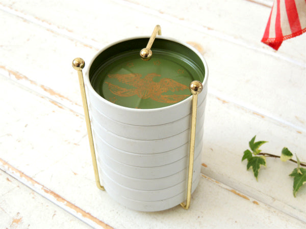 イーグル&星モチーフ・ミリタリーグリーン・ヴィンテージ・コースター8枚セット&専用スタンド付き