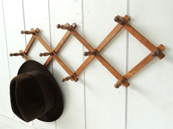 ノスタルジック・木製壁掛け・ジャバラ式・アンティーク・ハットラック/コートフック USA