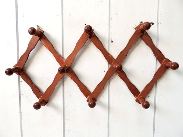 【レトロ可愛いデザイン】古い木製・ジャバラ式・アンティーク・ハットラック/コートフック USA
