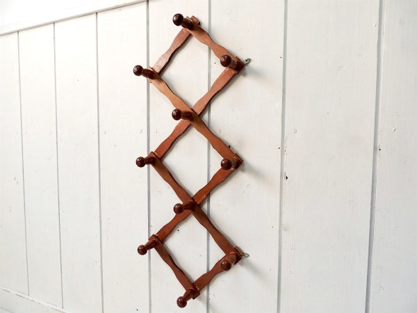 【レトロ可愛いデザイン】古い木製・ジャバラ式・アンティーク・ハットラック/コートフック USA
